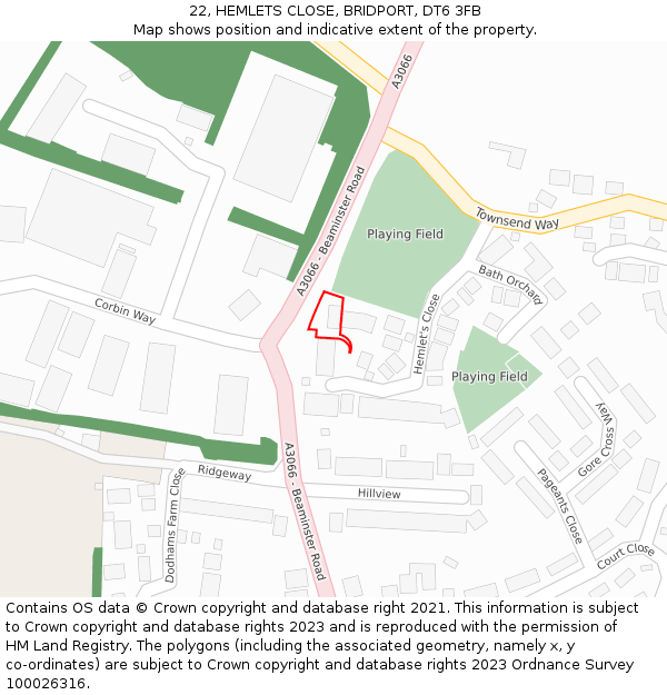 22, HEMLETS CLOSE, BRIDPORT, DT6 3FB: Location map and indicative extent of plot