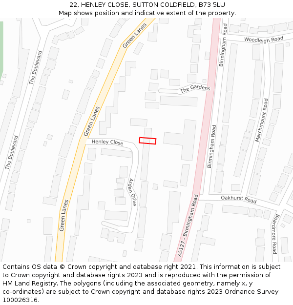 22, HENLEY CLOSE, SUTTON COLDFIELD, B73 5LU: Location map and indicative extent of plot