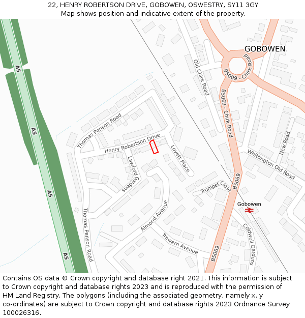 22, HENRY ROBERTSON DRIVE, GOBOWEN, OSWESTRY, SY11 3GY: Location map and indicative extent of plot
