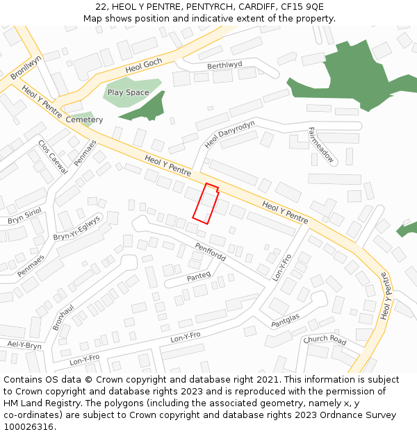 22, HEOL Y PENTRE, PENTYRCH, CARDIFF, CF15 9QE: Location map and indicative extent of plot