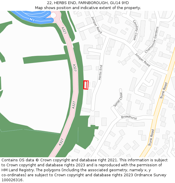 22, HERBS END, FARNBOROUGH, GU14 9YD: Location map and indicative extent of plot