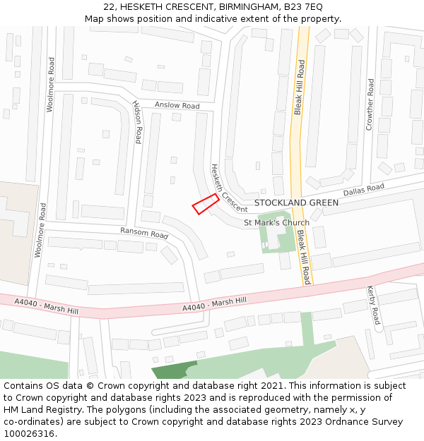 22, HESKETH CRESCENT, BIRMINGHAM, B23 7EQ: Location map and indicative extent of plot