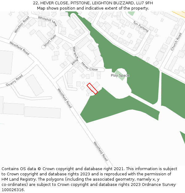 22, HEVER CLOSE, PITSTONE, LEIGHTON BUZZARD, LU7 9FH: Location map and indicative extent of plot