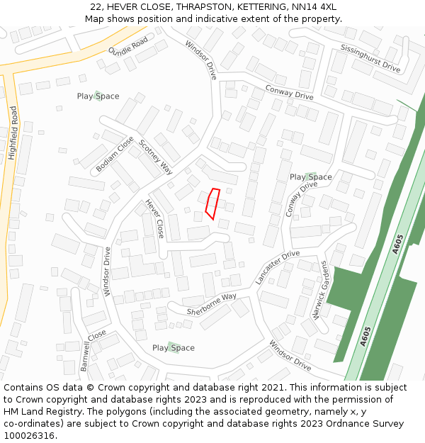 22, HEVER CLOSE, THRAPSTON, KETTERING, NN14 4XL: Location map and indicative extent of plot