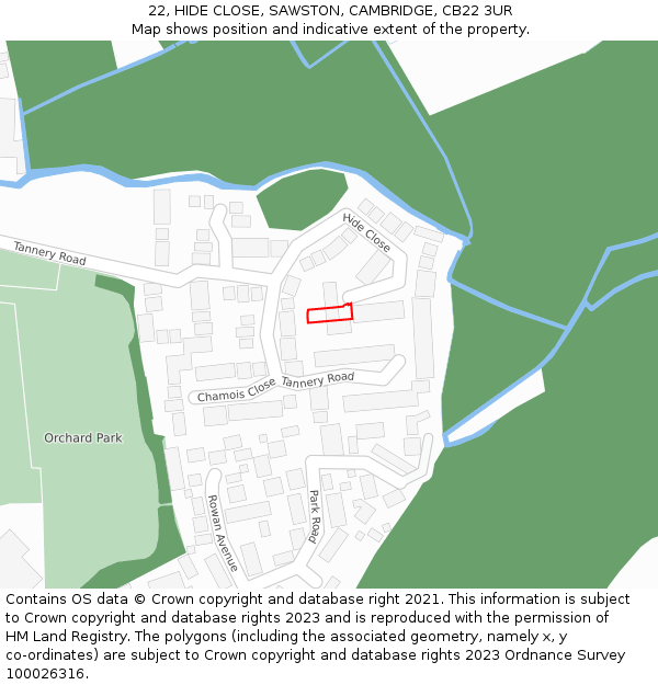 22, HIDE CLOSE, SAWSTON, CAMBRIDGE, CB22 3UR: Location map and indicative extent of plot