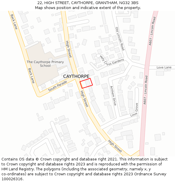 22, HIGH STREET, CAYTHORPE, GRANTHAM, NG32 3BS: Location map and indicative extent of plot