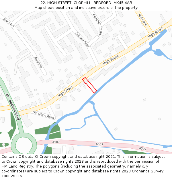 22, HIGH STREET, CLOPHILL, BEDFORD, MK45 4AB: Location map and indicative extent of plot