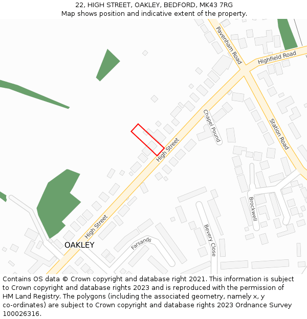 22, HIGH STREET, OAKLEY, BEDFORD, MK43 7RG: Location map and indicative extent of plot