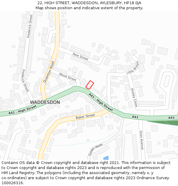 22, HIGH STREET, WADDESDON, AYLESBURY, HP18 0JA: Location map and indicative extent of plot