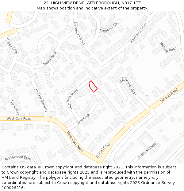 22, HIGH VIEW DRIVE, ATTLEBOROUGH, NR17 1EZ: Location map and indicative extent of plot