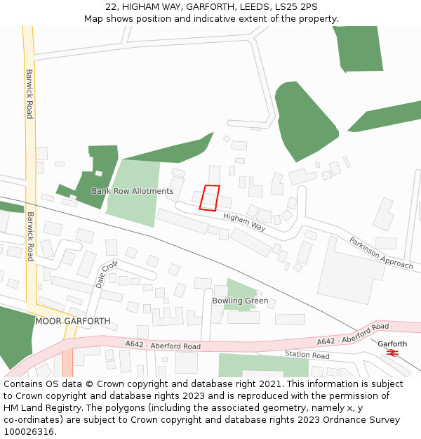 22, HIGHAM WAY, GARFORTH, LEEDS, LS25 2PS: Location map and indicative extent of plot