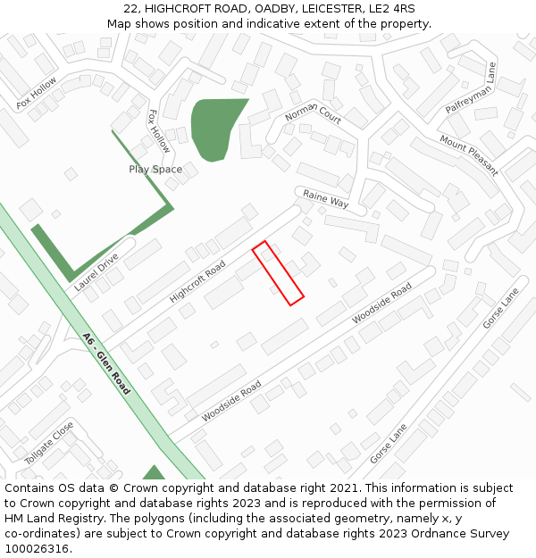 22, HIGHCROFT ROAD, OADBY, LEICESTER, LE2 4RS: Location map and indicative extent of plot