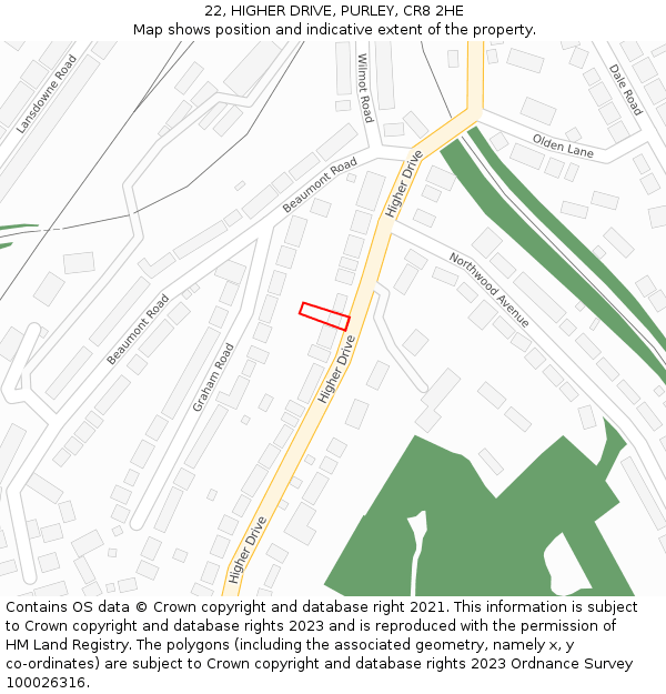 22, HIGHER DRIVE, PURLEY, CR8 2HE: Location map and indicative extent of plot