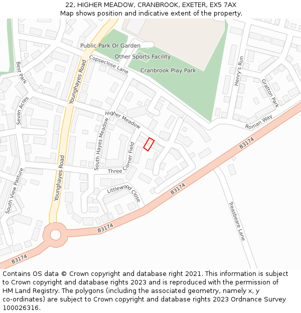 22, HIGHER MEADOW, CRANBROOK, EXETER, EX5 7AX: Location map and indicative extent of plot