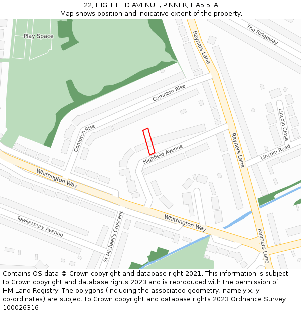 22, HIGHFIELD AVENUE, PINNER, HA5 5LA: Location map and indicative extent of plot