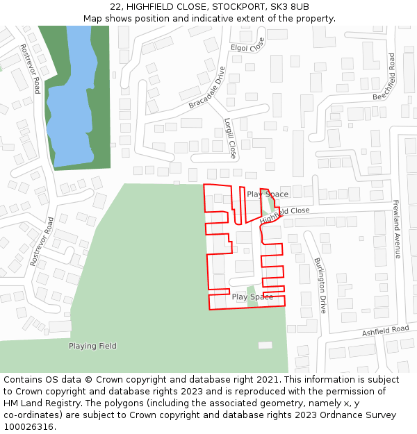 22, HIGHFIELD CLOSE, STOCKPORT, SK3 8UB: Location map and indicative extent of plot