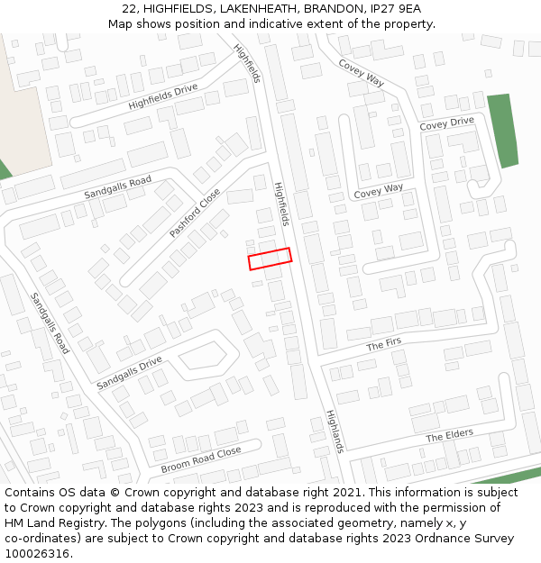 22, HIGHFIELDS, LAKENHEATH, BRANDON, IP27 9EA: Location map and indicative extent of plot