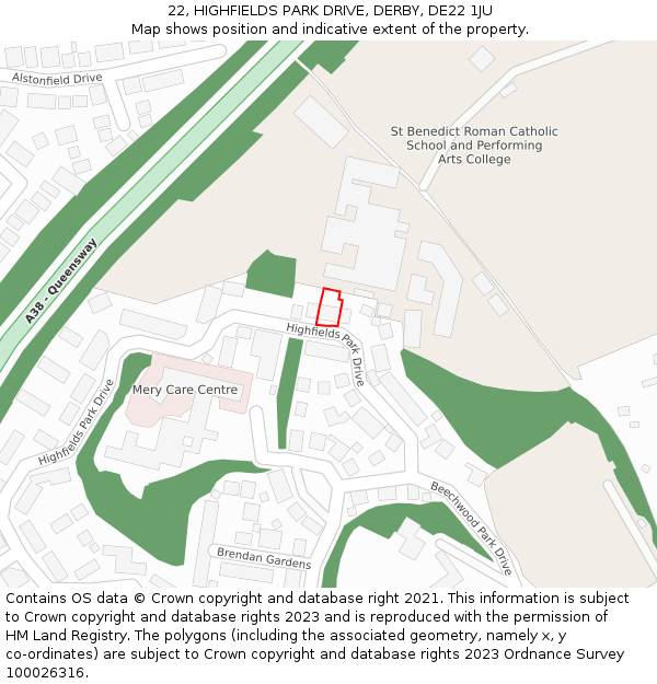 22, HIGHFIELDS PARK DRIVE, DERBY, DE22 1JU: Location map and indicative extent of plot