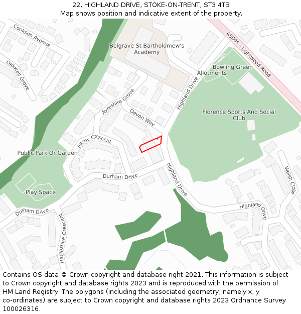 22, HIGHLAND DRIVE, STOKE-ON-TRENT, ST3 4TB: Location map and indicative extent of plot