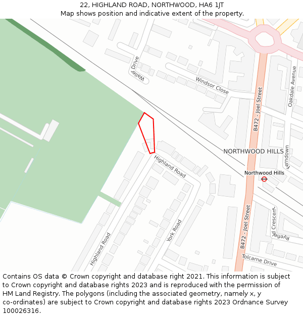 22, HIGHLAND ROAD, NORTHWOOD, HA6 1JT: Location map and indicative extent of plot