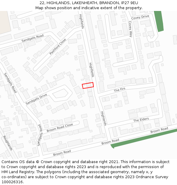 22, HIGHLANDS, LAKENHEATH, BRANDON, IP27 9EU: Location map and indicative extent of plot