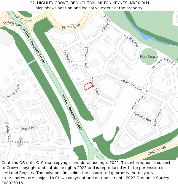 22, HIGHLEY GROVE, BROUGHTON, MILTON KEYNES, MK10 9LN: Location map and indicative extent of plot