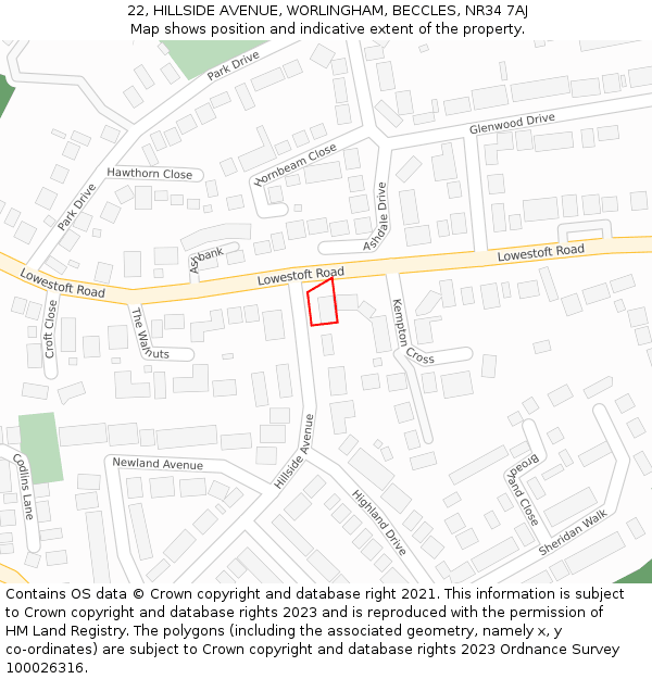 22, HILLSIDE AVENUE, WORLINGHAM, BECCLES, NR34 7AJ: Location map and indicative extent of plot