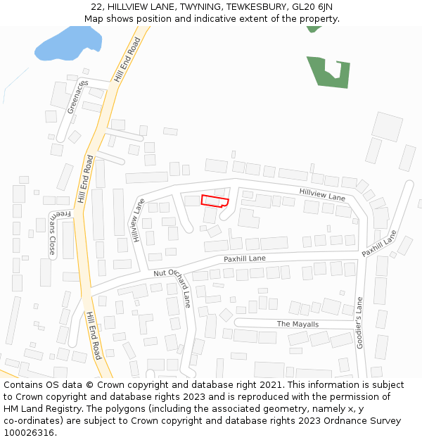 22, HILLVIEW LANE, TWYNING, TEWKESBURY, GL20 6JN: Location map and indicative extent of plot