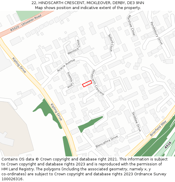 22, HINDSCARTH CRESCENT, MICKLEOVER, DERBY, DE3 9NN: Location map and indicative extent of plot