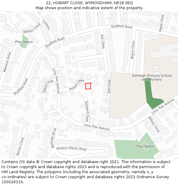 22, HOBART CLOSE, WYMONDHAM, NR18 0EQ: Location map and indicative extent of plot