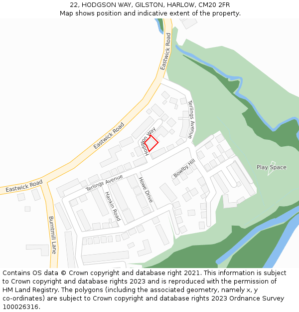 22, HODGSON WAY, GILSTON, HARLOW, CM20 2FR: Location map and indicative extent of plot