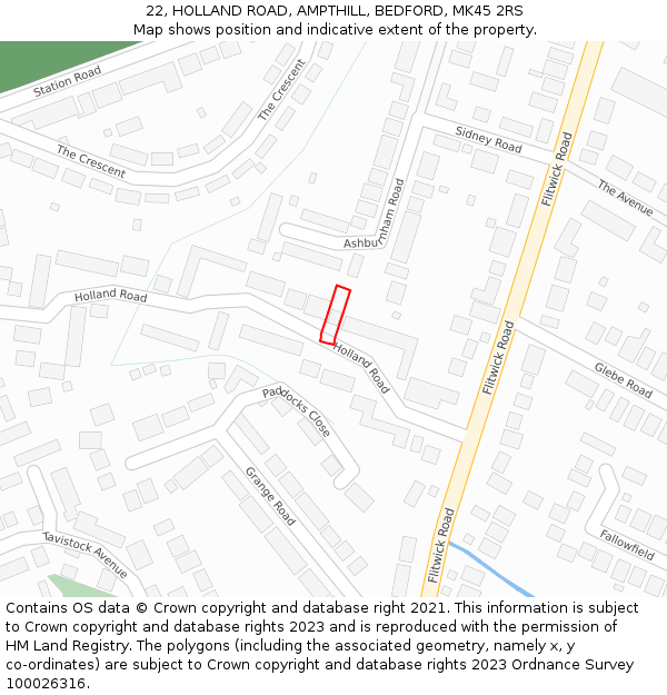 22, HOLLAND ROAD, AMPTHILL, BEDFORD, MK45 2RS: Location map and indicative extent of plot