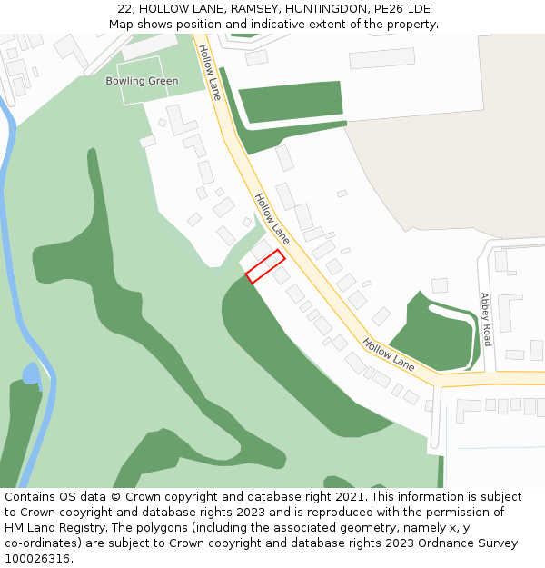 22, HOLLOW LANE, RAMSEY, HUNTINGDON, PE26 1DE: Location map and indicative extent of plot