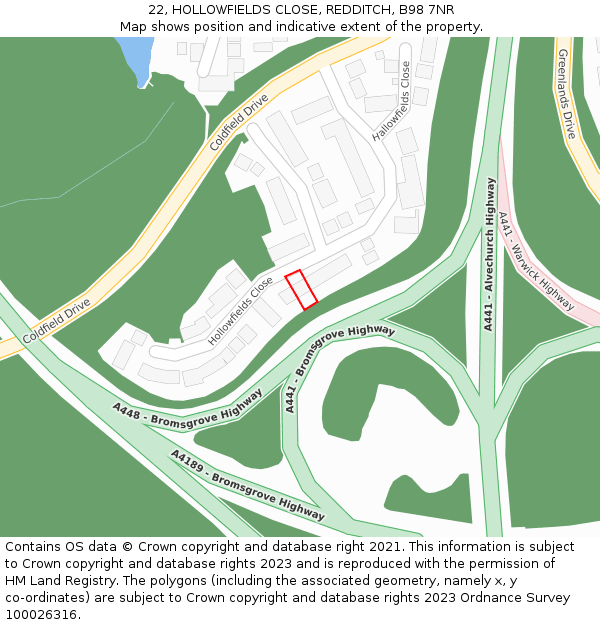 22, HOLLOWFIELDS CLOSE, REDDITCH, B98 7NR: Location map and indicative extent of plot
