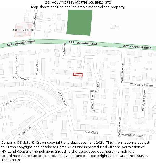 22, HOLLYACRES, WORTHING, BN13 3TD: Location map and indicative extent of plot