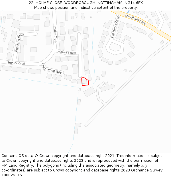 22, HOLME CLOSE, WOODBOROUGH, NOTTINGHAM, NG14 6EX: Location map and indicative extent of plot