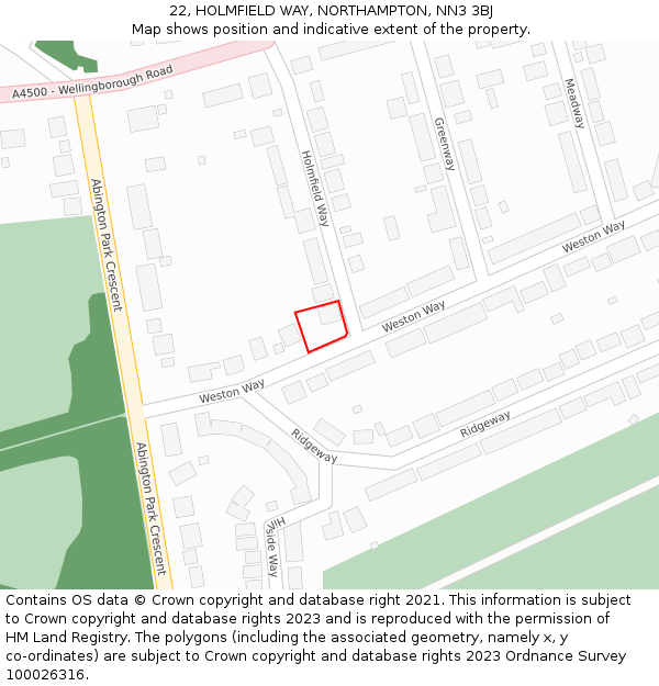 22, HOLMFIELD WAY, NORTHAMPTON, NN3 3BJ: Location map and indicative extent of plot