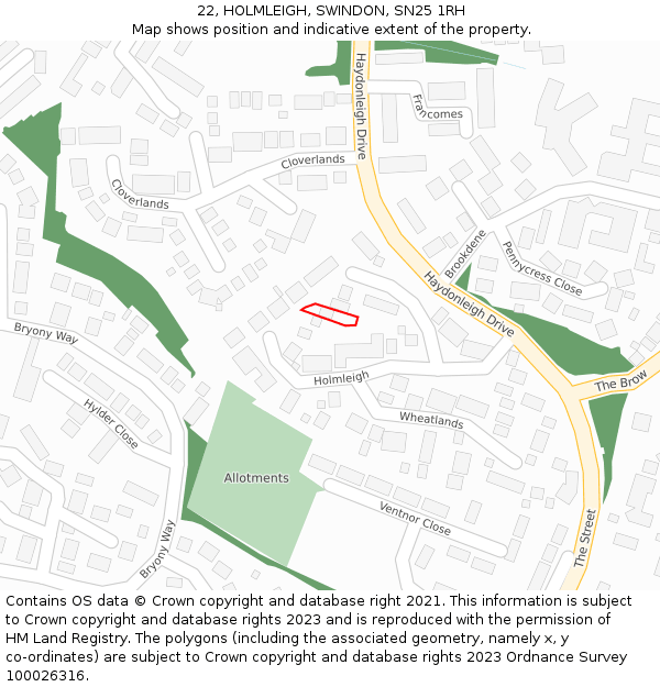 22, HOLMLEIGH, SWINDON, SN25 1RH: Location map and indicative extent of plot