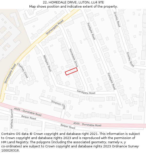 22, HOMEDALE DRIVE, LUTON, LU4 9TE: Location map and indicative extent of plot