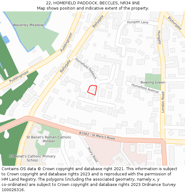 22, HOMEFIELD PADDOCK, BECCLES, NR34 9NE: Location map and indicative extent of plot