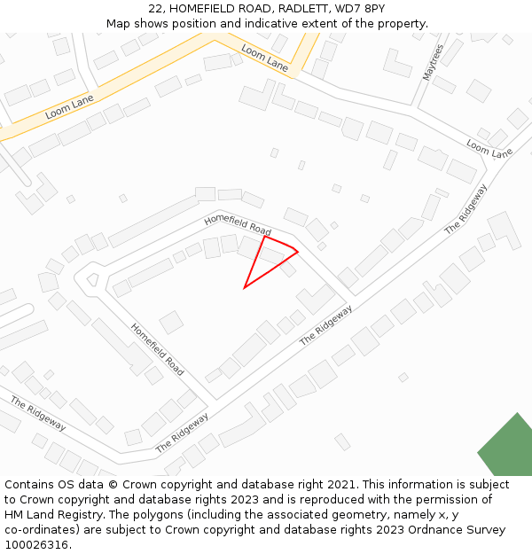 22, HOMEFIELD ROAD, RADLETT, WD7 8PY: Location map and indicative extent of plot