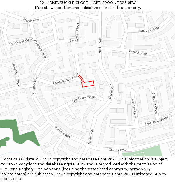 22, HONEYSUCKLE CLOSE, HARTLEPOOL, TS26 0RW: Location map and indicative extent of plot