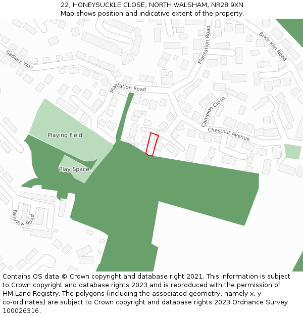 22, HONEYSUCKLE CLOSE, NORTH WALSHAM, NR28 9XN: Location map and indicative extent of plot