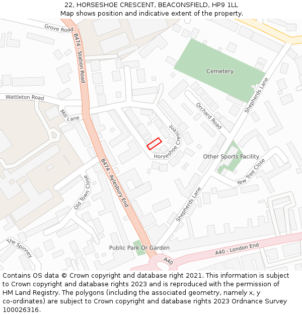 22, HORSESHOE CRESCENT, BEACONSFIELD, HP9 1LL: Location map and indicative extent of plot