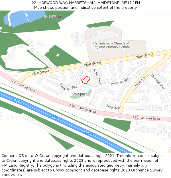 22, HORWOOD WAY, HARRIETSHAM, MAIDSTONE, ME17 1FH: Location map and indicative extent of plot