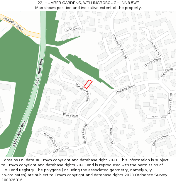 22, HUMBER GARDENS, WELLINGBOROUGH, NN8 5WE: Location map and indicative extent of plot