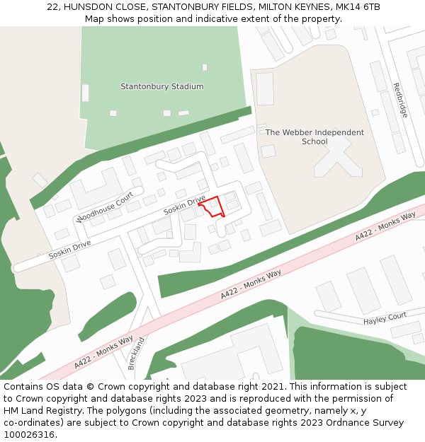 22, HUNSDON CLOSE, STANTONBURY FIELDS, MILTON KEYNES, MK14 6TB: Location map and indicative extent of plot