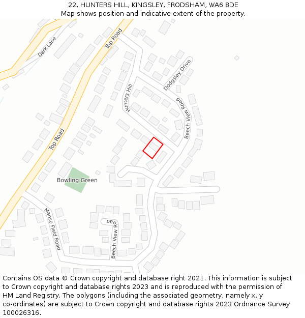 22, HUNTERS HILL, KINGSLEY, FRODSHAM, WA6 8DE: Location map and indicative extent of plot