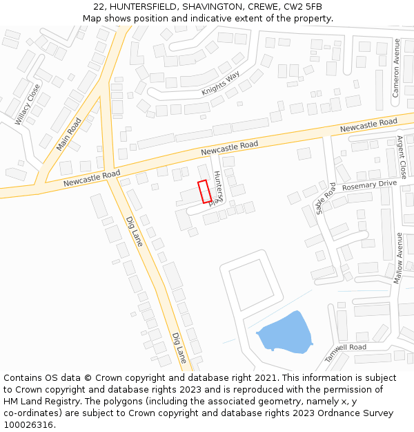 22, HUNTERSFIELD, SHAVINGTON, CREWE, CW2 5FB: Location map and indicative extent of plot