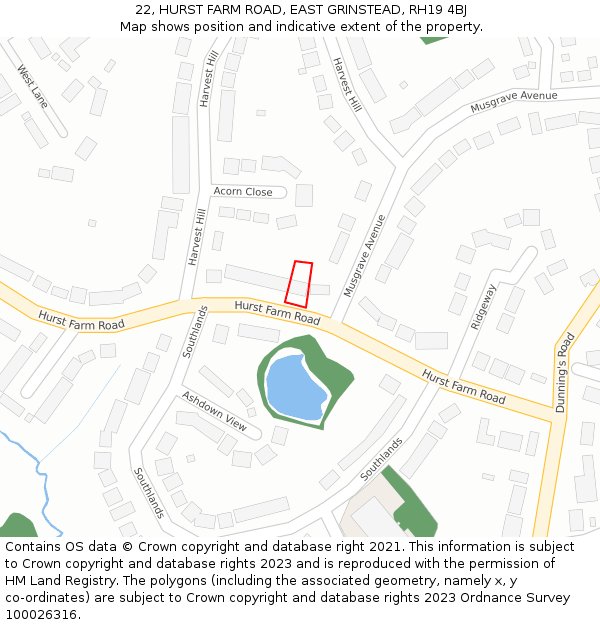 22, HURST FARM ROAD, EAST GRINSTEAD, RH19 4BJ: Location map and indicative extent of plot